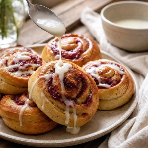 Glazed cardamom buns with lingonberry swirls