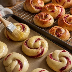 Golden cardamom buns brushed with egg wash