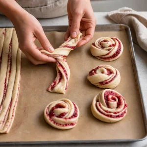 Jam-filled dough strips twisted into cardamom buns