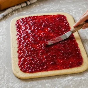 Lingonberry jam spread over rolled cardamom dough
