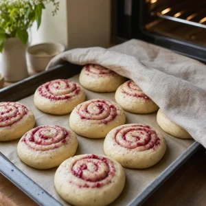 Puffy shaped cardamom buns on a baking sheet