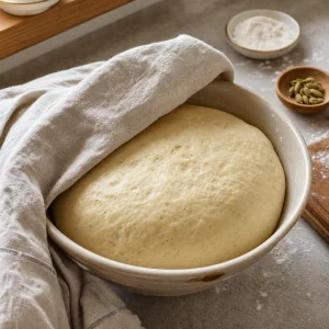 Risen cardamom dough in an oiled bowl