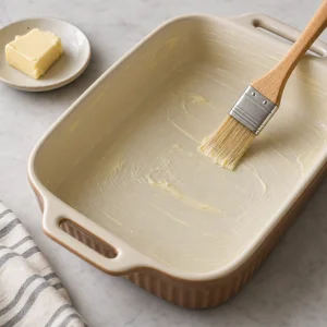 A ceramic baking dish being brushed with butter