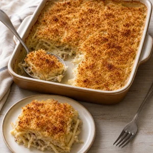A neat serving of rested potato casserole on a plate