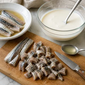 Chopped sprat fillets beside a bowl of cream mixture