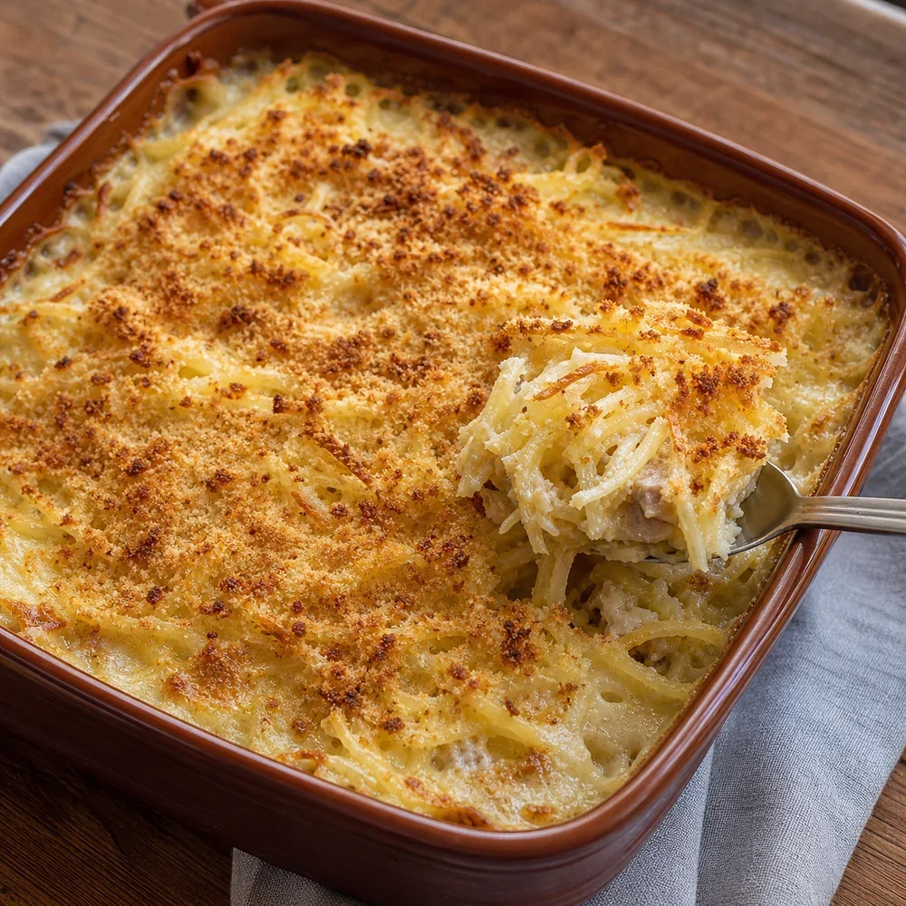 Finished Jansson's Temptation potato bake with a golden breadcrumb top