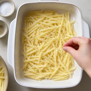 Raw potato matchsticks spread in a buttered baking dish