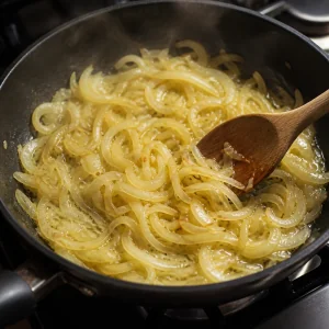 Sliced onions softening in butter in a skillet