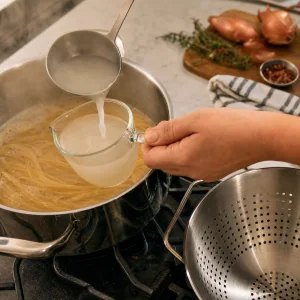 Truebes staerkehaltiges Pastawasser wird vor dem Abgiessen aufbewahrt