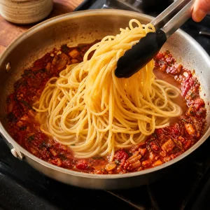Gekochte Pasta kommt in die Pfanne mit karamellisierter Schalottensauce