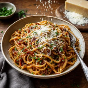 Fertige Pasta mit karamellisierten Schalotten, Petersilie und geriebenem Kaese