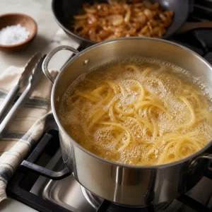 Lange Pasta kocht in Salzwasser bis kurz vor al dente