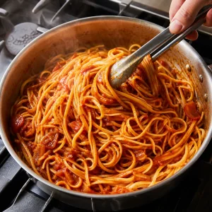 Pasta wird geschwenkt, bis glaenzende Schalotten-Tomaten-Sauce jede Nudel umhuellt