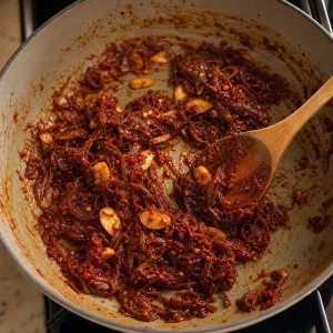 Tomatenmark, Knoblauch und Chiliflocken mit karamellisierten Schalotten gegart