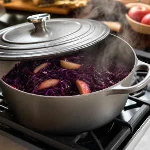 Cocotte couverte mijotant doucement du chou rouge aux pommes