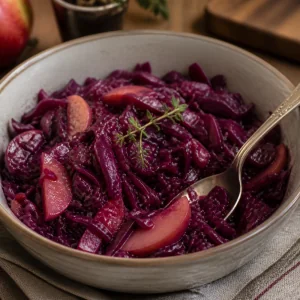 Chou rouge braisé chaud, doux et acidulé, avec des tranches de pomme