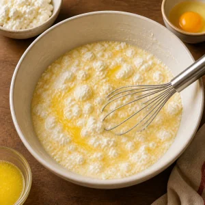Творог, молоко, яйцо и масло, смешанные в миске