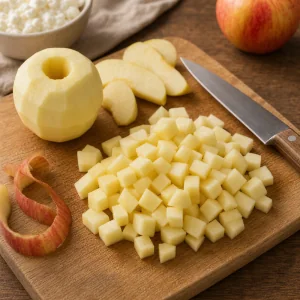 Очищенное яблоко, нарезанное мелкими кубиками на доске