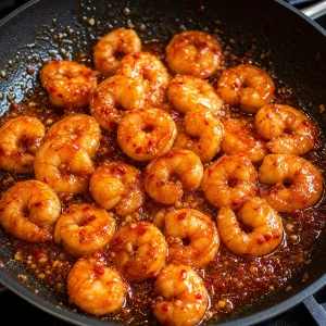 Cooked shrimp coated in glossy sweet-chili glaze in a skillet.