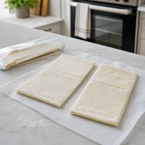 Frozen puff pastry sheets thawing on parchment beside a preheating oven.