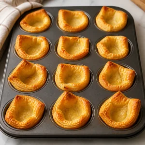 Golden baked puff pastry boats cooling in a muffin tin.