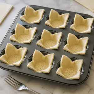 Puff pastry squares pressed into a muffin tin and pricked with a fork.
