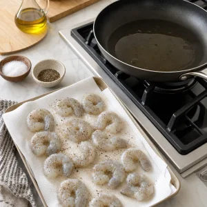 Seasoned raw shrimp drying on paper towels with a skillet of sesame oil heating nearby.