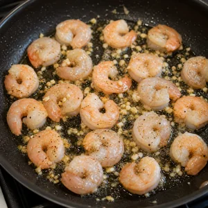 Shrimp beginning to turn pink as they cook with minced garlic in a skillet.