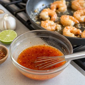 Sweet chili sauce mixture with lime, soy sauce, and pepper flakes ready for the shrimp.