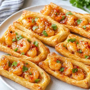 Sweet-chili shrimp puff pastry boats garnished with cilantro and sesame seeds.