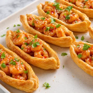 Sweet-chili shrimp spooned into puff pastry boats with cilantro and sesame garnish.