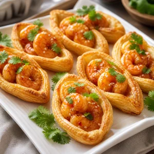 Warm sweet-chili shrimp puff pastry boats served on a platter.