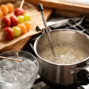 Candy thermometer clipped to a pan of bubbling syrup