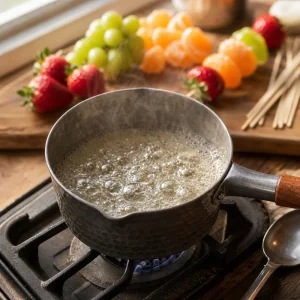 Clear sugar syrup bubbling in a small saucepan