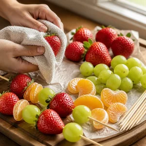 Fresh fruit dried and threaded onto wooden skewers