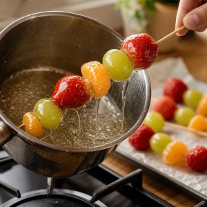 Fruit skewer dipped into hot clear sugar syrup
