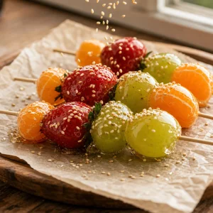 Glossy candied fruit skewers sprinkled with sesame seeds