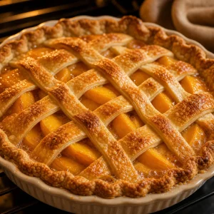 Golden peach pie with bubbling filling