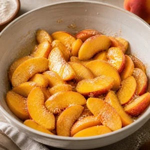 Sliced peaches tossed with sugar and spices