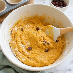Ingredients secs incorpores a la pate de muffins patate douce banane avec raisins secs