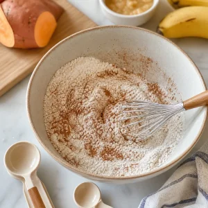 Farine cannelle levure bicarbonate et sel melanges dans un bol