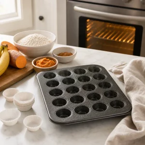 Moule a mini muffins graisse et garni de caissettes pour muffins patate douce banane
