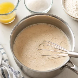 Miscela schiumosa di lievito con succo di ananas e latte pronta per l impasto