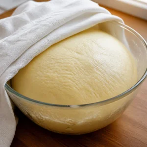 Impasto dolce lievitato in una ciotola coperta con un panno umido