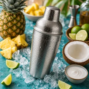 Chilled metal cocktail shaker with tropical fruit nearby