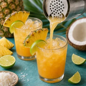 Pineapple coconut rum cocktail strained into ice-filled glasses