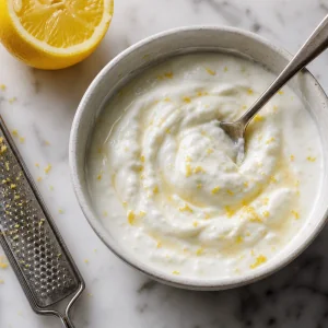 Jogurt grecki wymieszany ze skórką i sokiem z cytryny