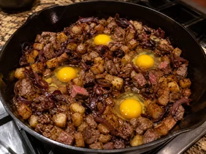 Deftige Steak-Pfanne mit Eiern und Bourbon-Zwiebeln