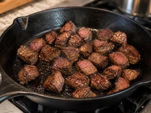 Deftige Steak-Pfanne mit Eiern und Bourbon-Zwiebeln