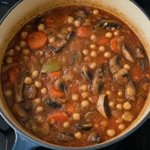 Ceci che sobbollono con alloro, carote e funghi in brodo al pomodoro